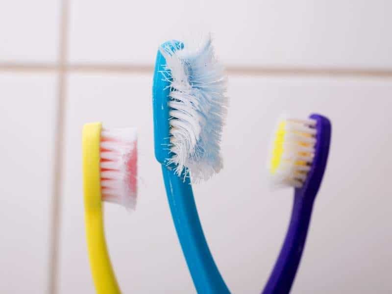 Three old and frayed toothbrushes