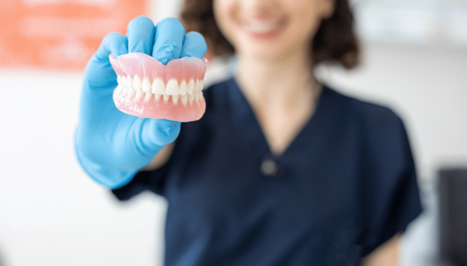 Dental professional wearing gloves, holding a set of dentures up to the camera
