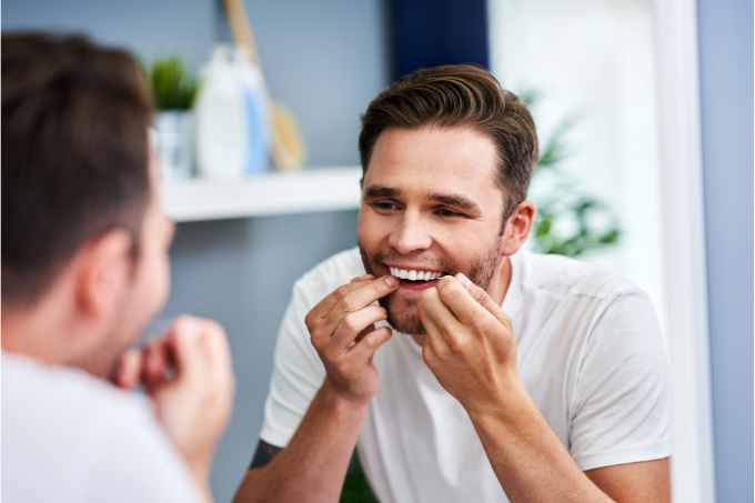 Man flossing teeth in mirror